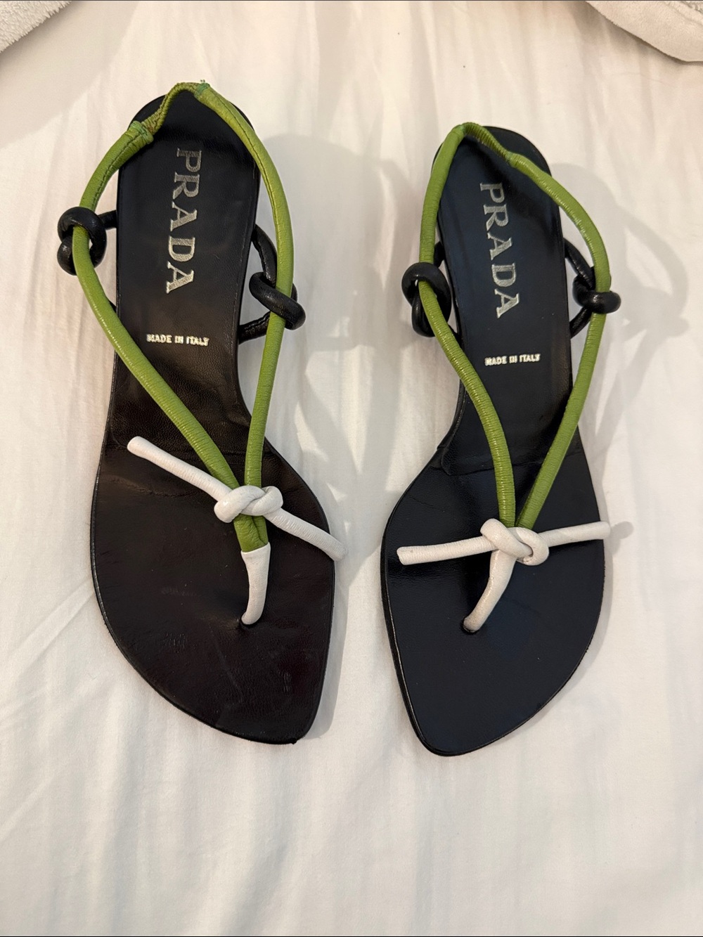 Vintage Prada Black Sandals with Green and White leather Straps